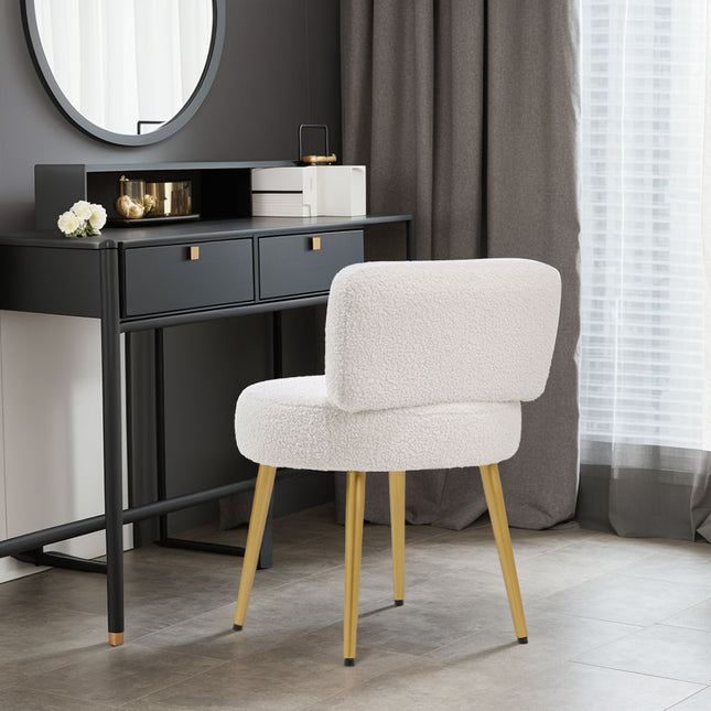 Cream Faux Fur Vanity Stool Chair with Metal Legs 60cm H