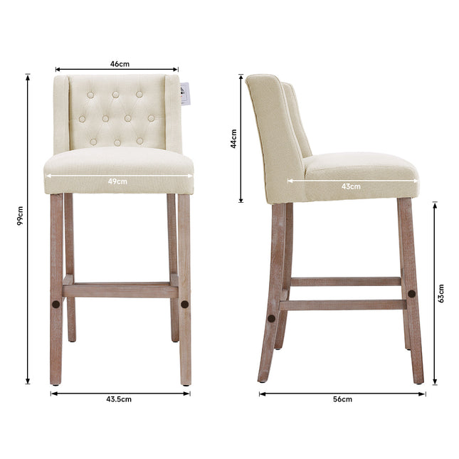 Rustic Set of 2 Bar Stools Linen Tufted with Wood Legs 105cm H