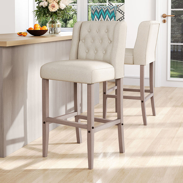 Rustic Set of 2 Bar Stools Linen Tufted with Wood Legs 105cm H
