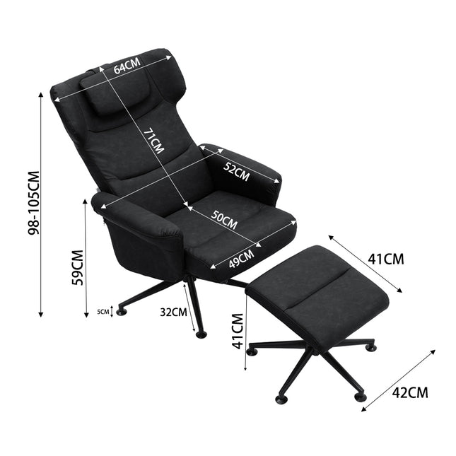 Swivel Recliner Armchair in Black Faux Leather with Footstool