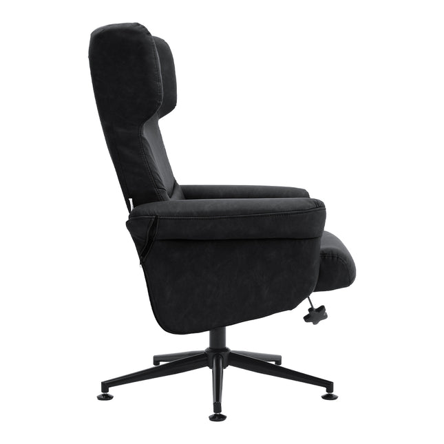 Swivel Recliner Armchair in Black Faux Leather with Footstool