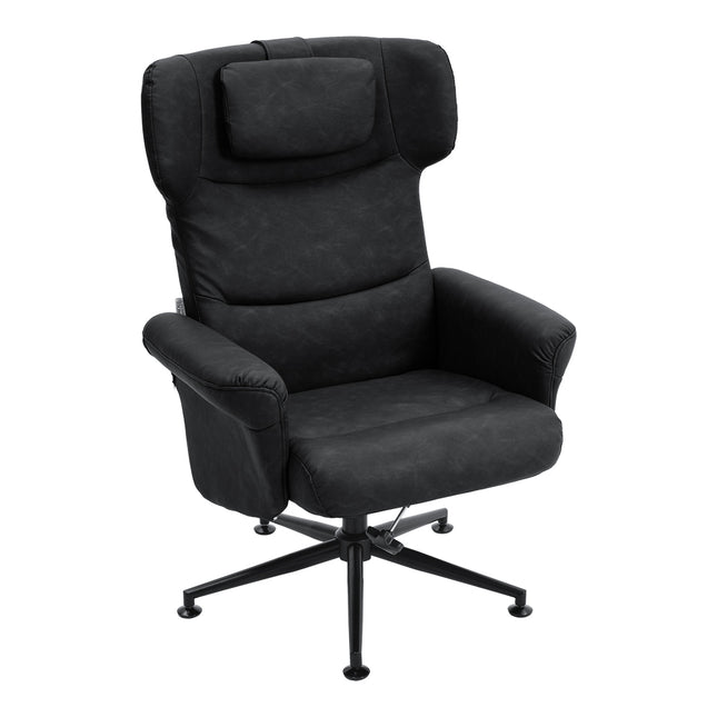 Swivel Recliner Armchair in Black Faux Leather with Footstool