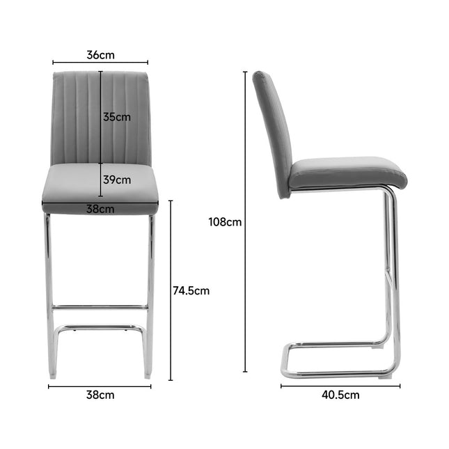 2 Pcs Grey PU Leather Bar Stools with Backrest for Pub Dining Room 108cm H