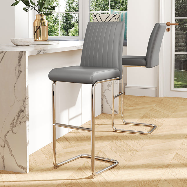 2 Pcs Grey PU Leather Bar Stools with Backrest for Pub Dining Room 108cm H