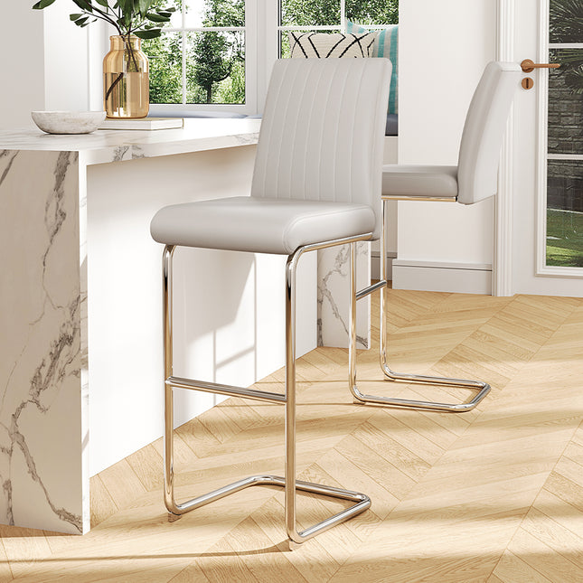 2 Pcs White PU Leather Bar Stools with Backrest for Pub Dining Room 108cm H