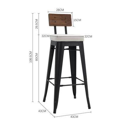 Two pieces of white metal breakfast bar stools with backrests and cushions 106cm H