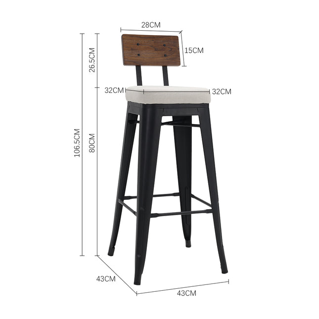 Two pieces of white metal breakfast bar stools with backrests and cushions 106cm H