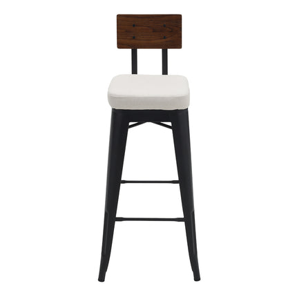 Two pieces of white metal breakfast bar stools with backrests and cushions 106cm H
