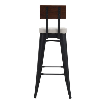 Two pieces of white metal breakfast bar stools with backrests and cushions 106cm H