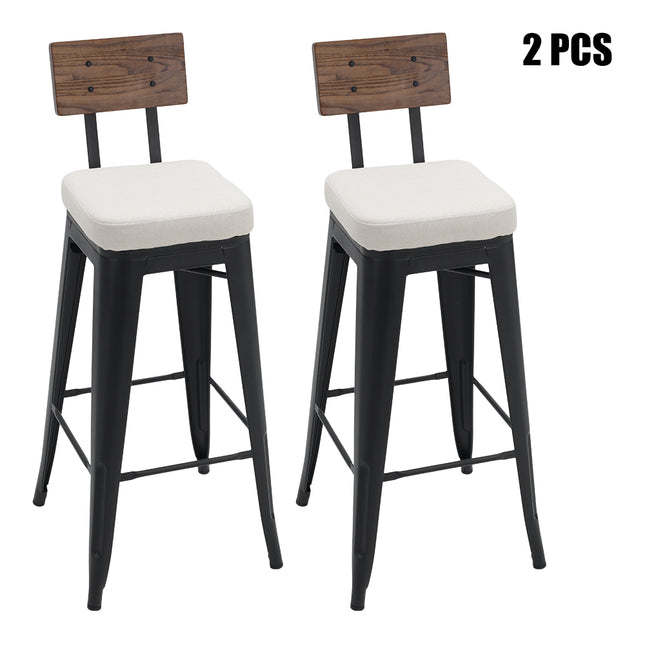 Two pieces of white metal breakfast bar stools with backrests and cushions 106cm H