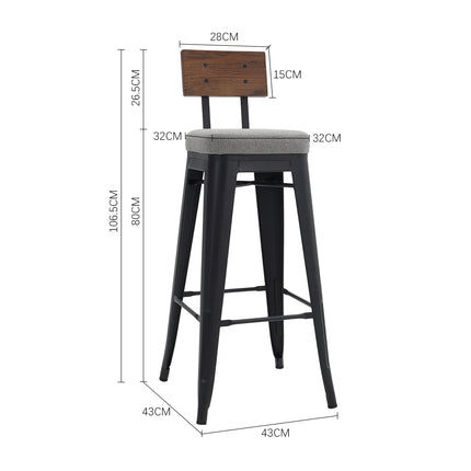 2Pcs Metal Breakfast Bar Stools with Cushions and Backrest,Grey 106cm