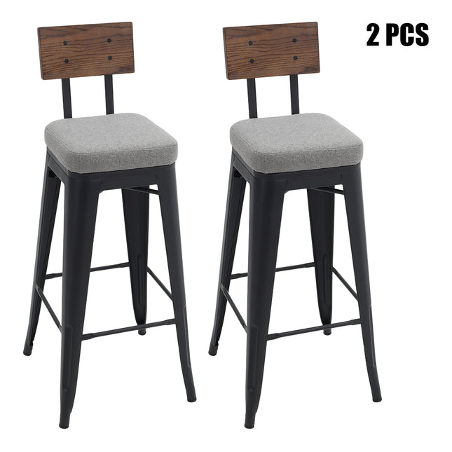 2Pcs Metal Breakfast Bar Stools with Cushions and Backrest,Grey 106cm