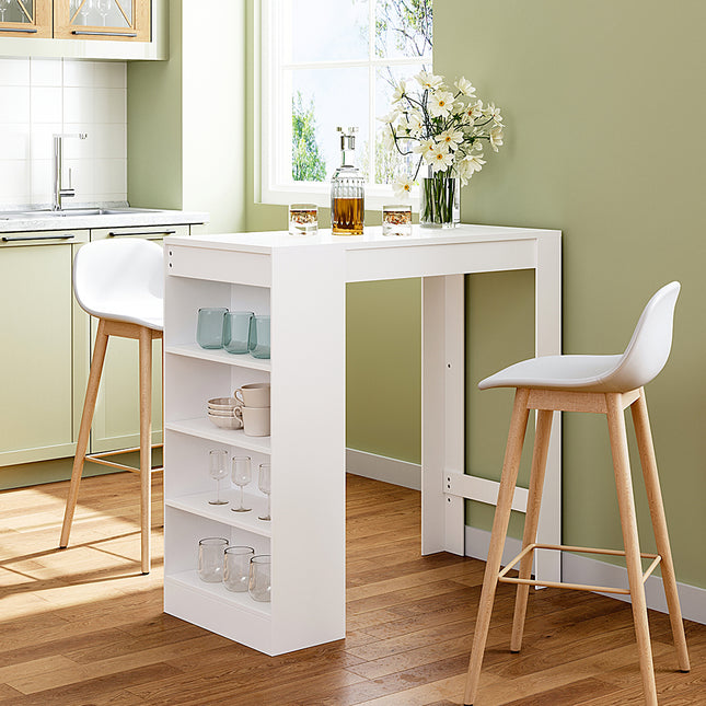 White Wooden Bar Table with Open Shelves White Table Top 103cm