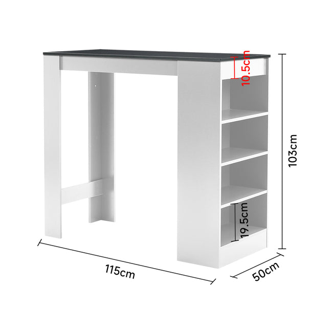 Black tabletop and open shelves on a white wooden bar table 103cm H