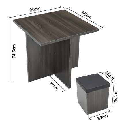 Wood Versatile Table and 4 Storage Stools Set,Grey And Black