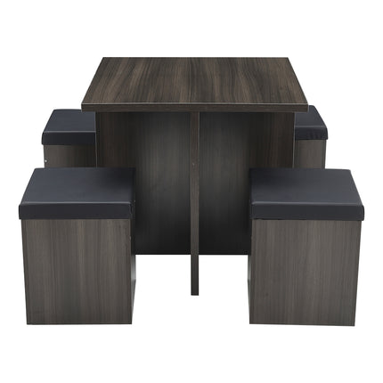 Wood Versatile Table and 4 Storage Stools Set,Grey And Black