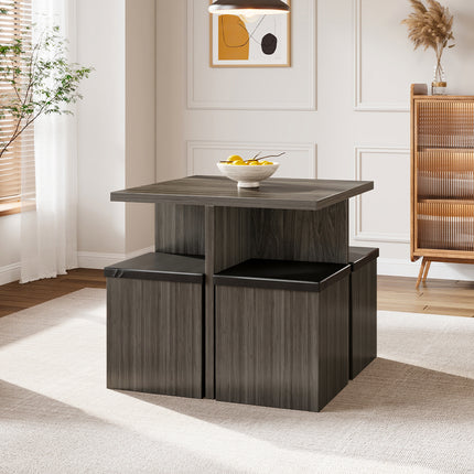 Wood Versatile Table and 4 Storage Stools Set,Grey And Black