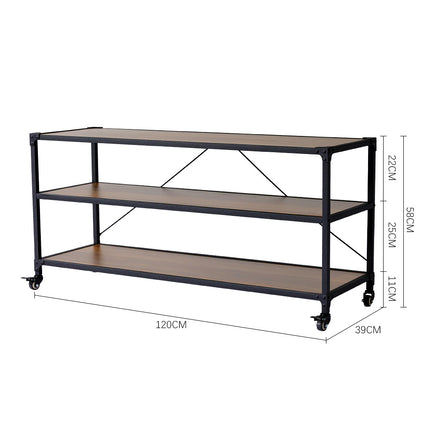 Mobile 3-Tier Wood & Metal Shelf with Lockable Wheels