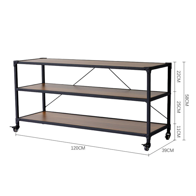 Mobile 3-Tier Wood & Metal Shelf with Lockable Wheels
