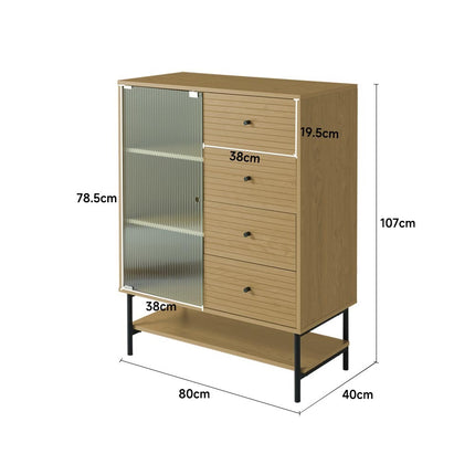 Contemporary Storage Cabinet with Fluted Glass Door and Slatted Drawers