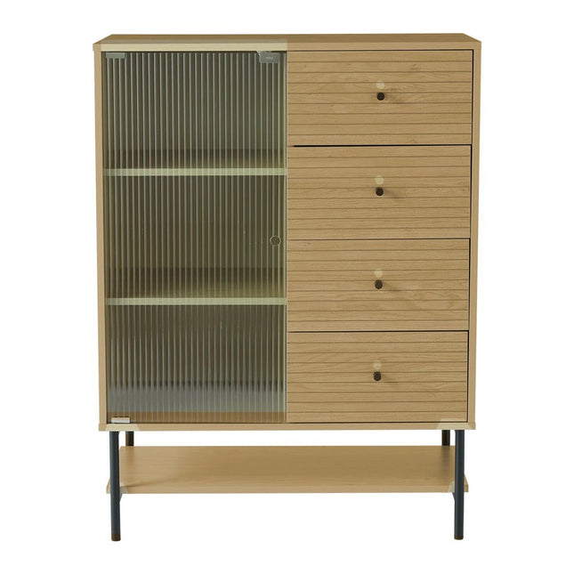 Contemporary Storage Cabinet with Fluted Glass Door and Slatted Drawers