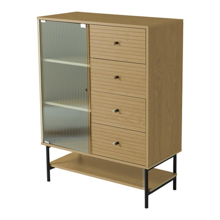 Contemporary Storage Cabinet with Fluted Glass Door and Slatted Drawers