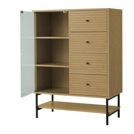 Contemporary Storage Cabinet with Fluted Glass Door and Slatted Drawers