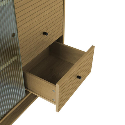 Contemporary Storage Cabinet with Fluted Glass Door and Slatted Drawers