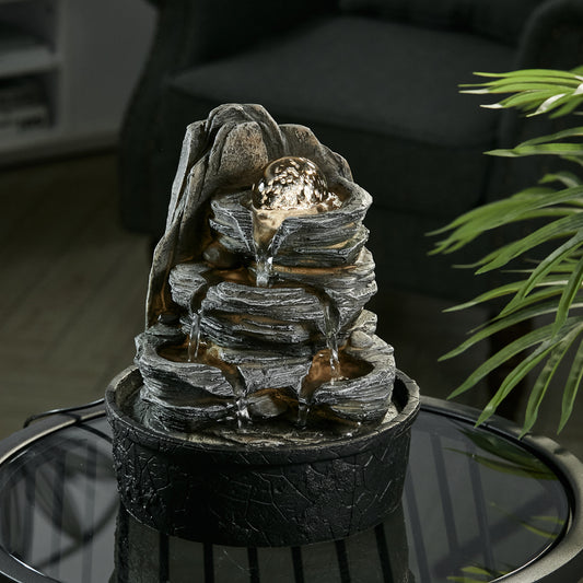 Layered Rock Cascading Tabletop Fountain with LED Crystal Ball