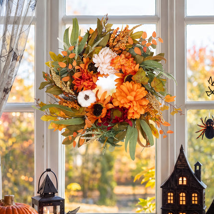 55cm Rustic Autumn Harvest Wreath Decoration with Sunflowers & Berries