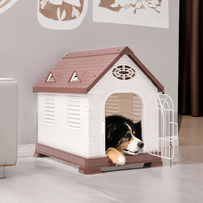 Brown Elevated Plastic Dog House with Wire Door