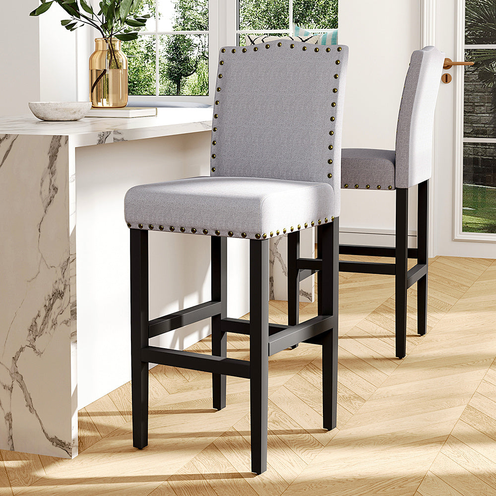 2Pcs Linen Buttoned Studded Bar Stools Dining stools,Grey