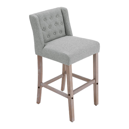 Rustic Set of 2 Bar Stools Linen Tufted with Wood Legs