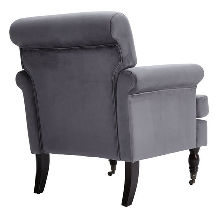 Contemporary Velvet Armchair with Wood Legs and Front Casters