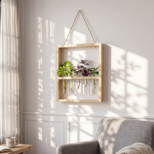 5-Tube Wall Hanging Plant Propagation Station with Wooden Frame