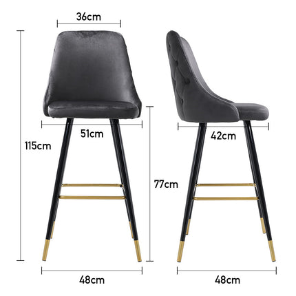Set of 2 Velvet High foot Bar Stool Buttoned Back Grey 115cm H