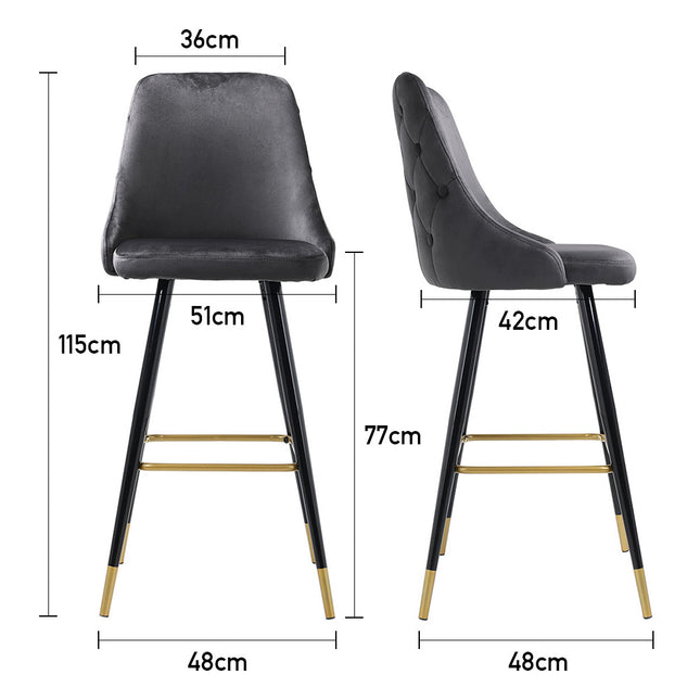 Set of 2 Velvet High foot Bar Stool Buttoned Back Grey 115cm H