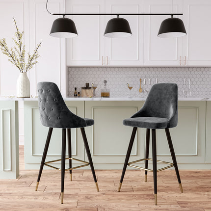Set of 2 Velvet High foot Bar Stool Buttoned Back Grey 115cm H