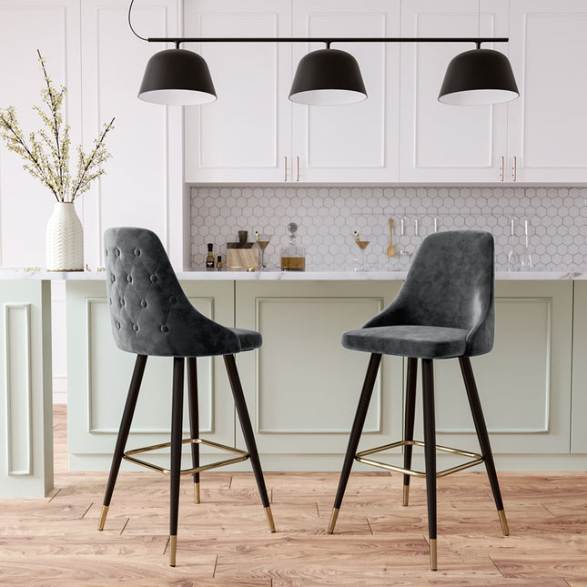 Set of 2 Velvet High foot Bar Stool Buttoned Back Grey