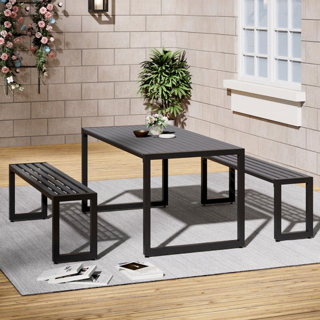 3 Pcs Modern Outdoor Garden Dining Table and Bench Set, Grey