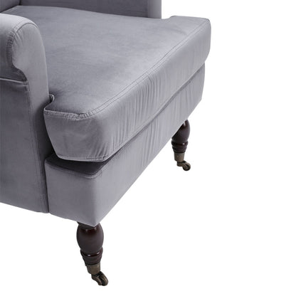 Contemporary Velvet Armchair with Wood Legs and Front Casters
