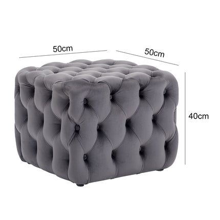 50CM Square Velvet Buttoned Footstool, Grey