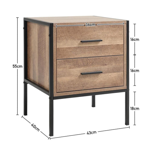 Metal Frame Wood Industrial Bedside Table with 2 Drawers