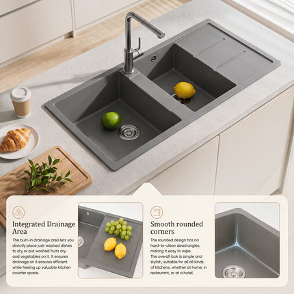 Double Bowl Quartz Resin Composite Kitchen Sink with Waste Kit