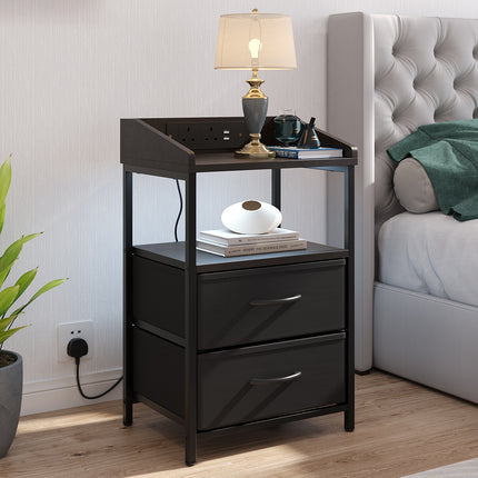 Nightstand Bedside Table with Charging Station and LED Lights