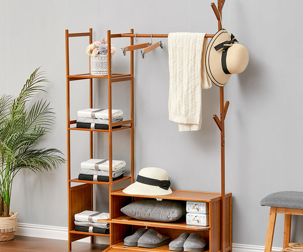 Freestanding Bamboo Clothes Rack Storage Shelves 138CM