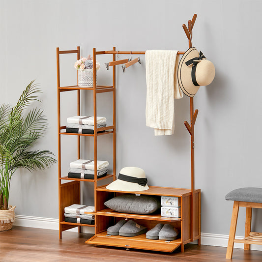 Freestanding Bamboo Clothes Rack with Storage Shelves 138CM