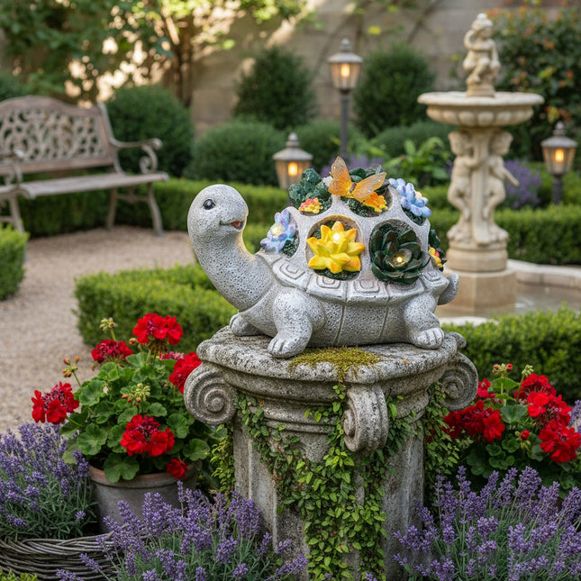 Solar-Powered Turtle Garden Ornament with Lights & Succulents