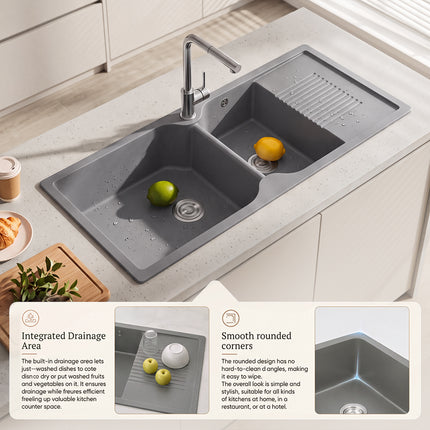 Double Bowl Quartz Resin Composite Kitchen Sink with Waste Kit