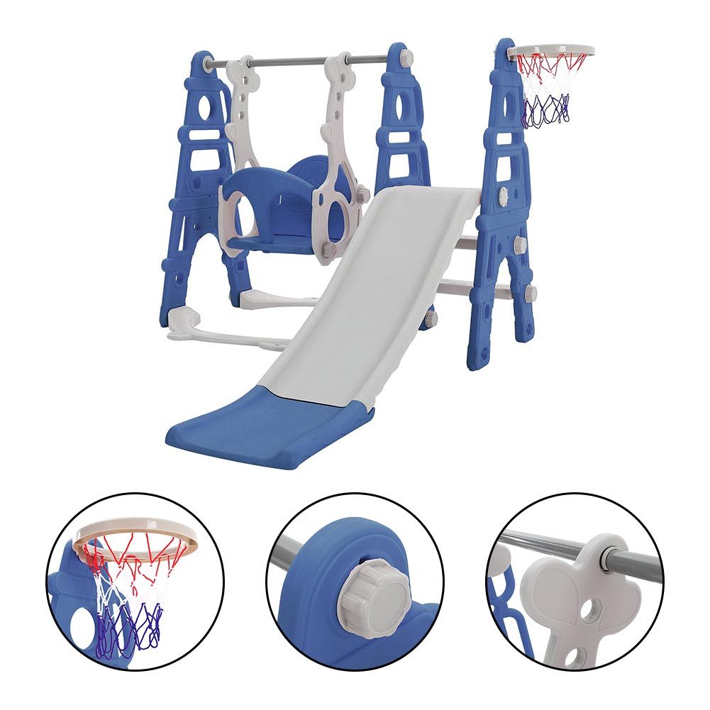 Kids Swing Slide and Basketball Hoop 3 in 1 Play Game Center Blue